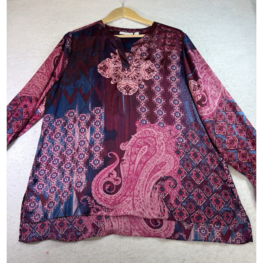 Susan Graver Tunic Top Womens L Colorful Beaded Tie Sleeve Party Event